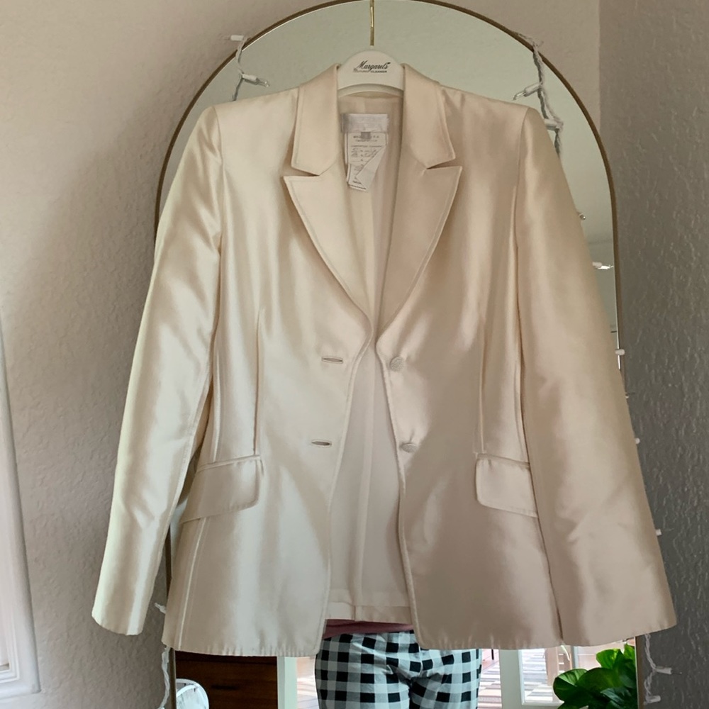 White silk Badgley Mishka wedding suit